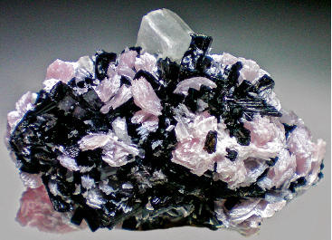 Marshallsussmanite with black aegirine　and hydroxyapophyllite, specimen 5 wide.　J. Veevaert photo.