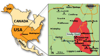 Map of North America showing inserts of the Pikes Peak area and the location of the Smoky Hawk claim.
