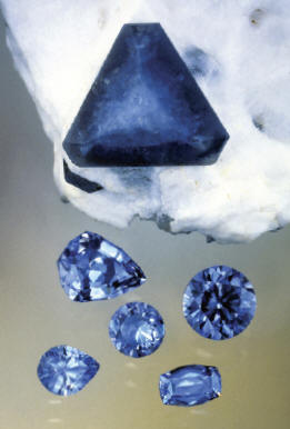 Benitoite crystal with gemstones. Collector’sEdge specimens. Van Pelt photo.