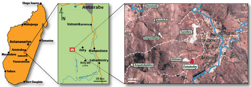 Map of Madagascar showing inserts of the Sahatany Valley area and the location of the pegmatites in the area (white color) including Estatoby pegmatite (red).