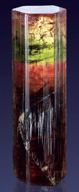 Liddicoatite crystal with strong color zonation, 6.3 cm in length. A. Watzl Jr. specimen and photo.