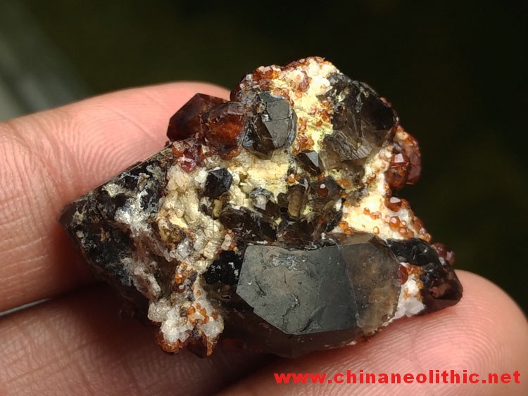 酒红色锰铝石榴石和水晶共生矿物晶体标本宝石原石原矿,