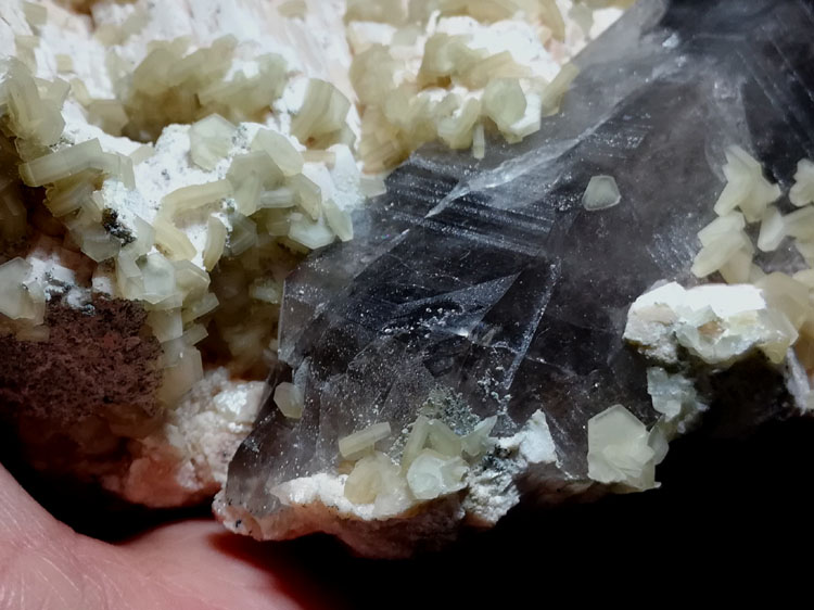 Yellow green Calcite and Smoky Quartz and Pink potash feldspar mineral gem stone specimens,Calcite,Quartz,Feldspar
