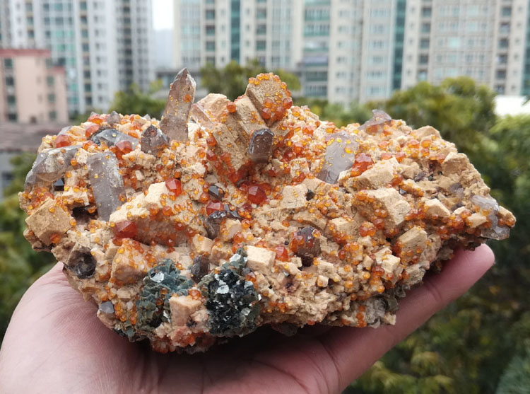 Manganese aluminum garnet and feldspar, mica,  smoky quartz stone ore mineral specimens gem,Garnet,Quartz,Feldspar,Mica
