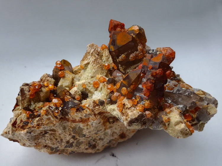 Fanta stone garnet Spessartite and feldspar,  smoky quartz paragenetic mineral specimen gem sto,Garnet,Quartz,Feldspar